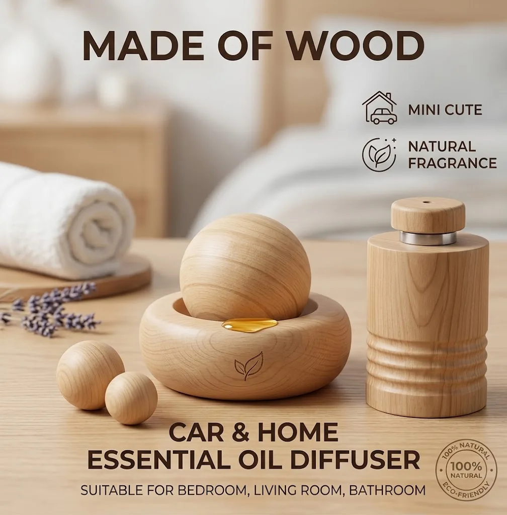 Home Fragrance Homemade - 車＆家庭用エッセンシャルオイルディフューザー - 木製ミニキュートナチュラルフレグランスディフューザー、寝室、リビングルーム、バスルームに最適